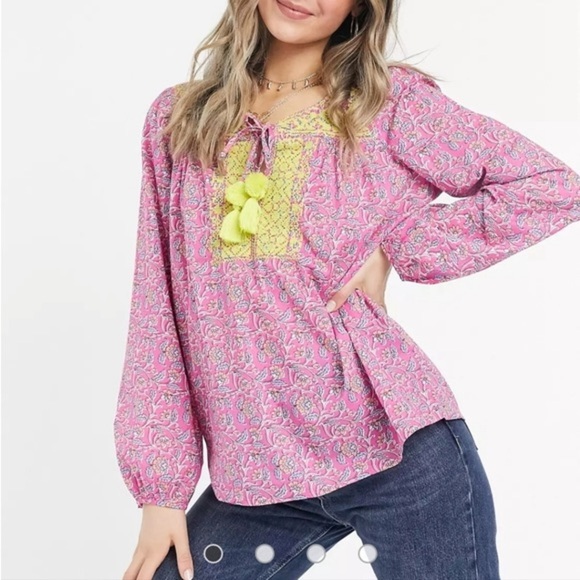J Crew Starina Pink Yellow Boho Embroidered tassel paisley top ❤️ - Picture 3 of 9